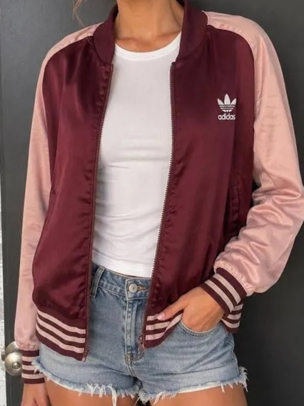 adidas Women’s Satin Bomber Jacket in Burgundy and Light Pink L